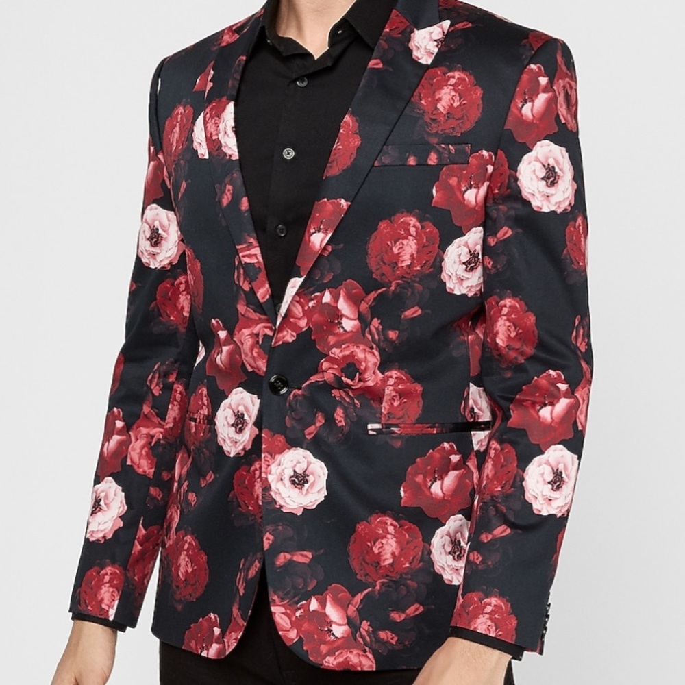 Express Slim Black /Red /Pink Floral Tuxedo Jacket